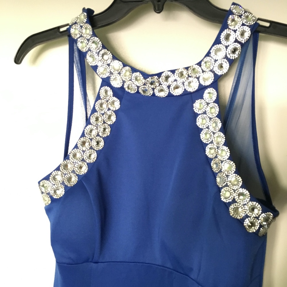 Royal Blue, High Neck Beaded Stretch Knit Sheath Dress